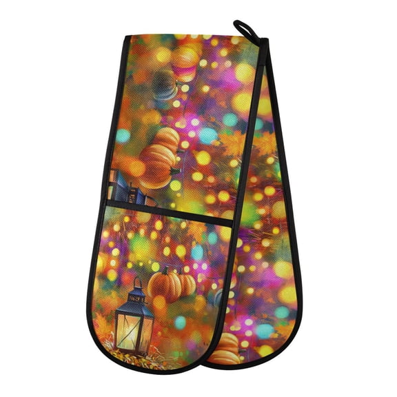 35" x7" Double Oven Mitt Heat Resistant Oven Gloves Withstands Up to 200°C for Kitchen Baking & BBQ Colorful Lights with Pumpkins