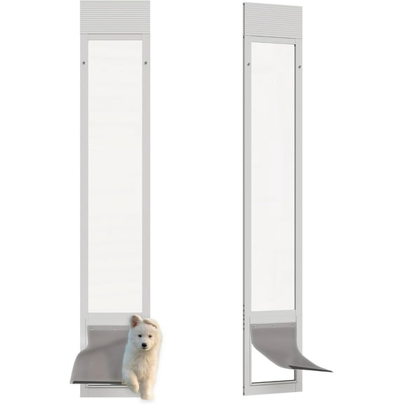 Dog Door for Sliding Glass Doors, Adjustable Height 76 1/8"-80 7/8" Aluminum Frame Tempered Patio Door Dog Doors Insert with Lock, 7 x 11 Brown Flap Size for Medium Dogs