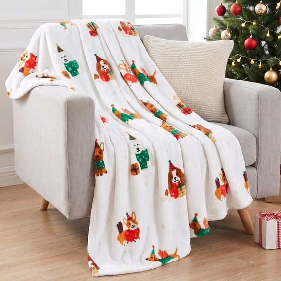 Hitime 50"x60" Christmas Throw Blanket - 300GSM Cozy Warm Flannel Fleece for Sofa Living Room, Holiday Gift Winter Bedding Decor - Christmas Puppy