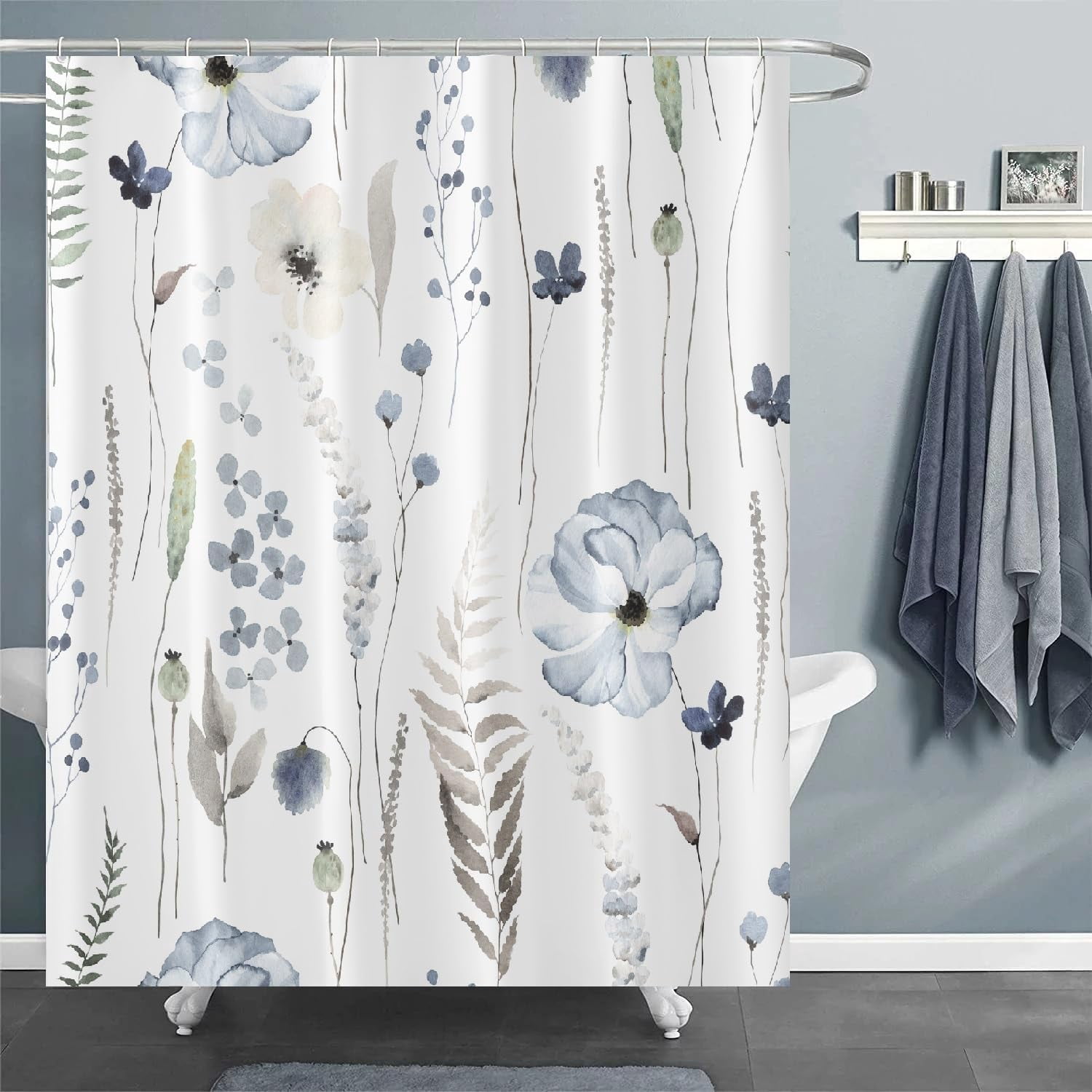 Blue Watercolor Floral Shower Curtain 72 x 72 Inch, Waterproof Fabric Flowers Shower Curtain for Bathroom, Minimalist Wildflower Shower Curtain with 12 Hooks