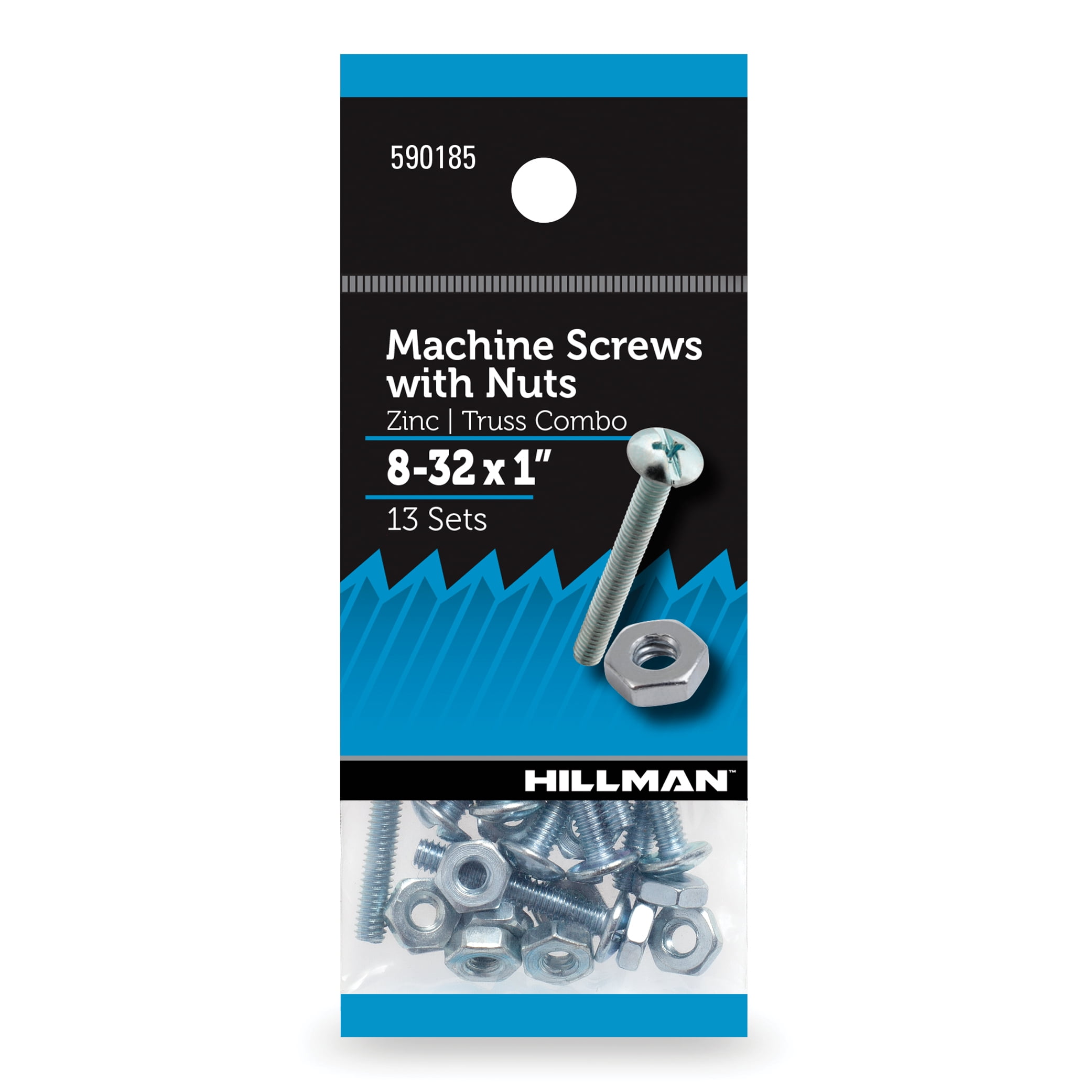 (6 pack) Hillman Machine Screws w/ Nuts 8-32 x 1", Steel, Zinc, Interior Truss Head, Silver, 13 sets