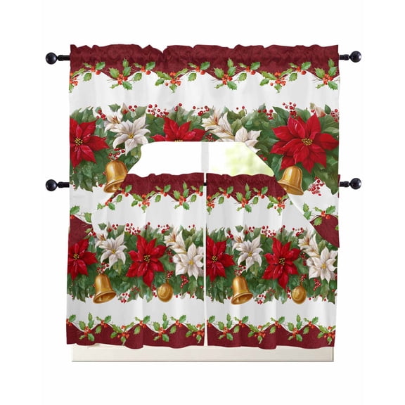 Christmas Poinsettia Swag Kitchen Curtains Sets for Windows 24 Inch Length, Winter Xmas Floral Bell Botanical Short Window Curtain Panels Swags Valances and Tiers 3 Piece Set for Cafe/Dining Room