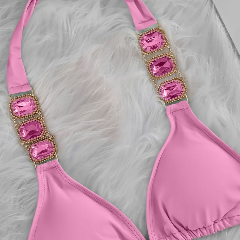 Women Crystal Rhinestone Bikini Set Halter Triangle 2 Piece
