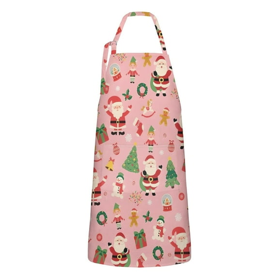 Pink Christmas Santa Apron-Garden Aprons for Women with Pockets-Cotton Linen Waterproof Kitchen Cooking Gardening Aprons Adjustable for Kitchen,Cooking,BBQ and Salon 32"x27"