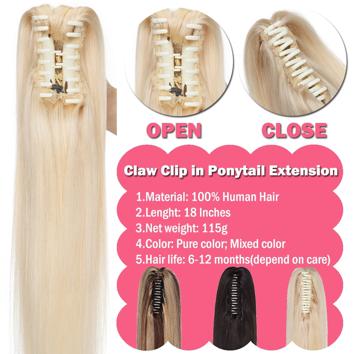 SEGO Jaw/Claw Clip in Hair Extensions Human Hair Clip in Ponytail Hair Extensions 100% Real Remy Hair Long Straight Thick Hair For Women