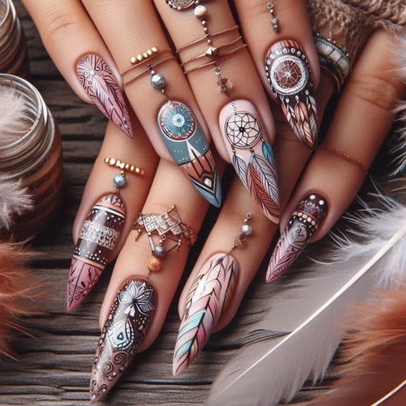 Yiran Mandala Leaf Almond Press On Nails, 1 Set