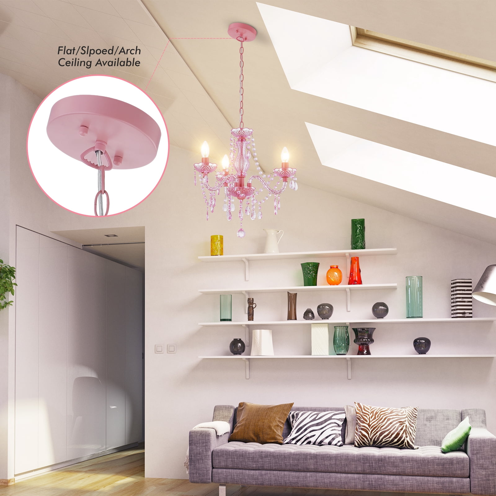 NATYSEAN Crystal Chandelier, 3-Light Modern K9 Crystal Chandelier for Dining Room, Pendant Ceiling Lighting Fixture for Bedroom, Living Room, Dining Room, Entryway, Pink