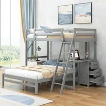 Twin Over Full Bunk Bed, L-Shaped Bunk Bed Frame with Built-in Desk and 3 Drawers, Solid Wood Loft Bed with Guardrail and Ladder for Kids Teens Adults, Can Be Divided Into 2 Beds, Gray