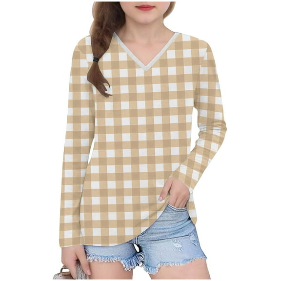 GigrtiJin Girls Plaid Shirts Long Sleeve V Neck Pullover Shirts Girls Soft Baggy Casual Lightweight Going Out Shirts