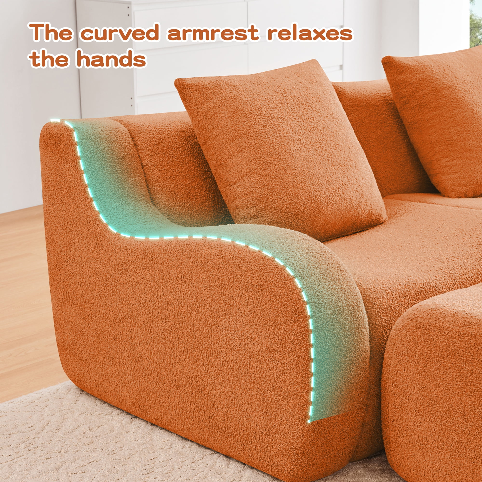 MAYEERTY 82.7" L-Shaped Teddy Fabric Boneless Sofa, Orange 300lbs/seat 32D Foam No Assembly Curved Armrest Couch for Living Room Bedroom