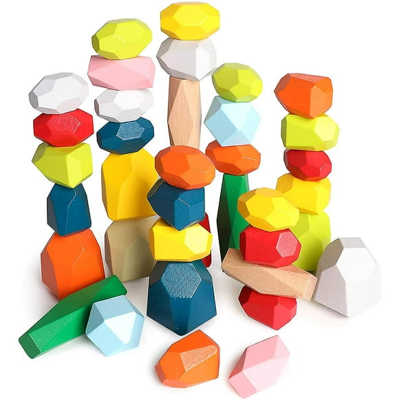 Colorful Wooden S38pcs Tone Rocks Early Educational Rainbow Stone Blocks Set Parent-children Interactive Stone Stacking Game