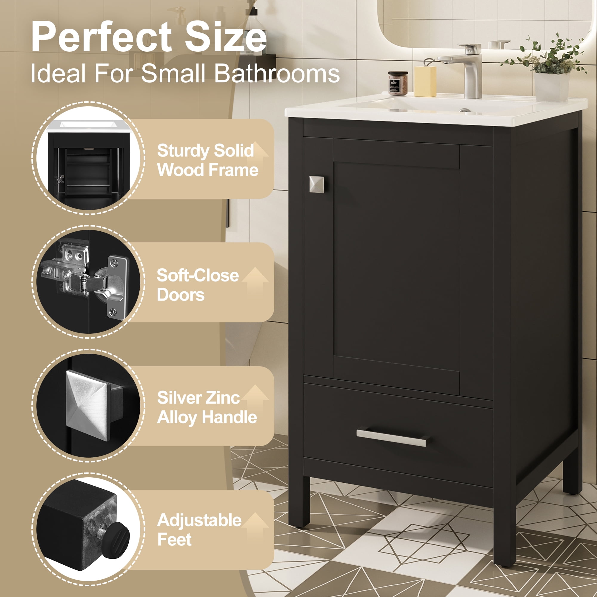 Euroco 20-Inch Modern Bathroom Vanity with Ceramic Sink, Soft-Close Drawer & Door, Double-Layer Door Organizer, Divider Drawer, Adjustable Foot Pads