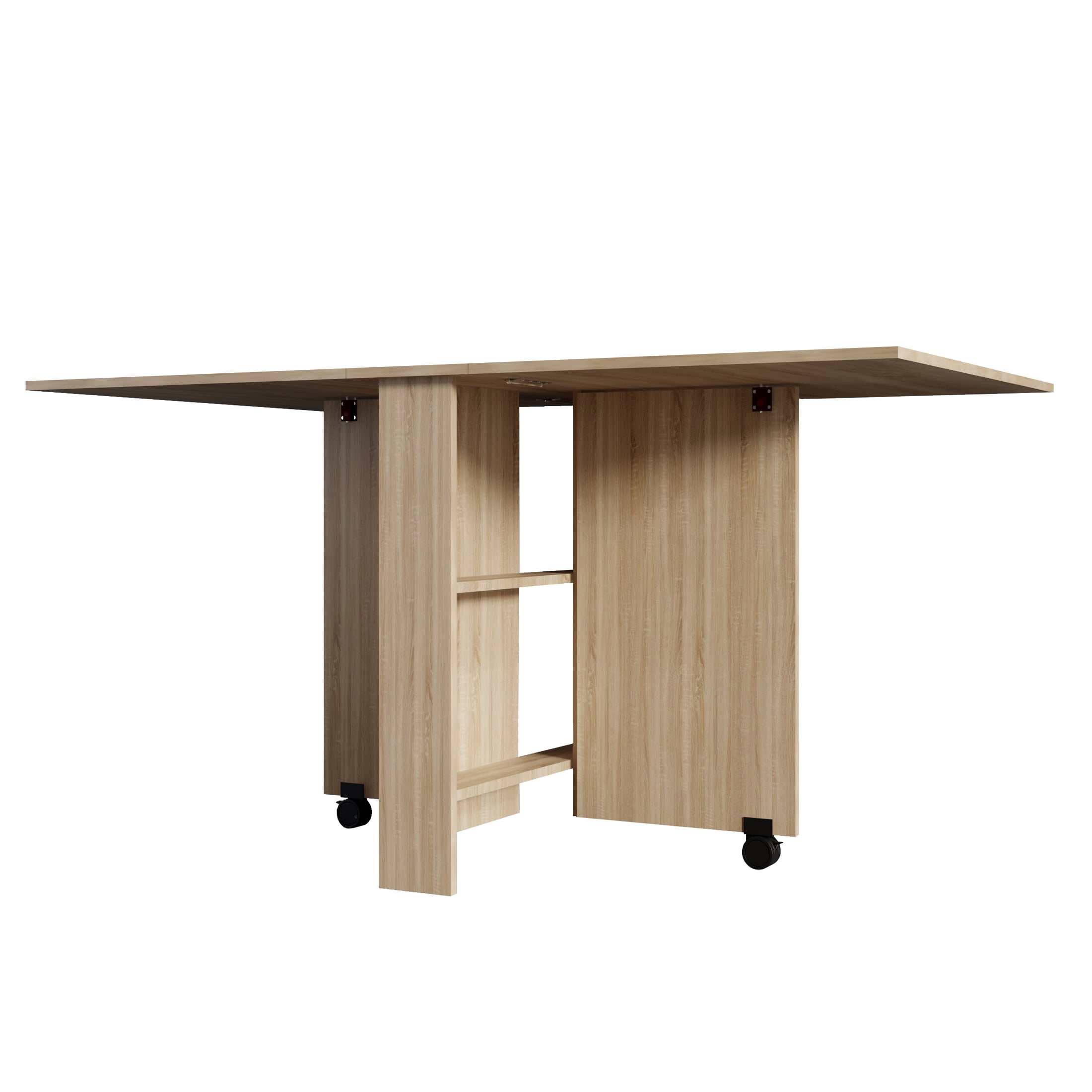 PORKISS Folding Dining Table, Space Saving Versatile Dining Room Table, Folding Kitchen Table with Wheels, Storage Shelf for Small Apartment, Wood (Only Table)