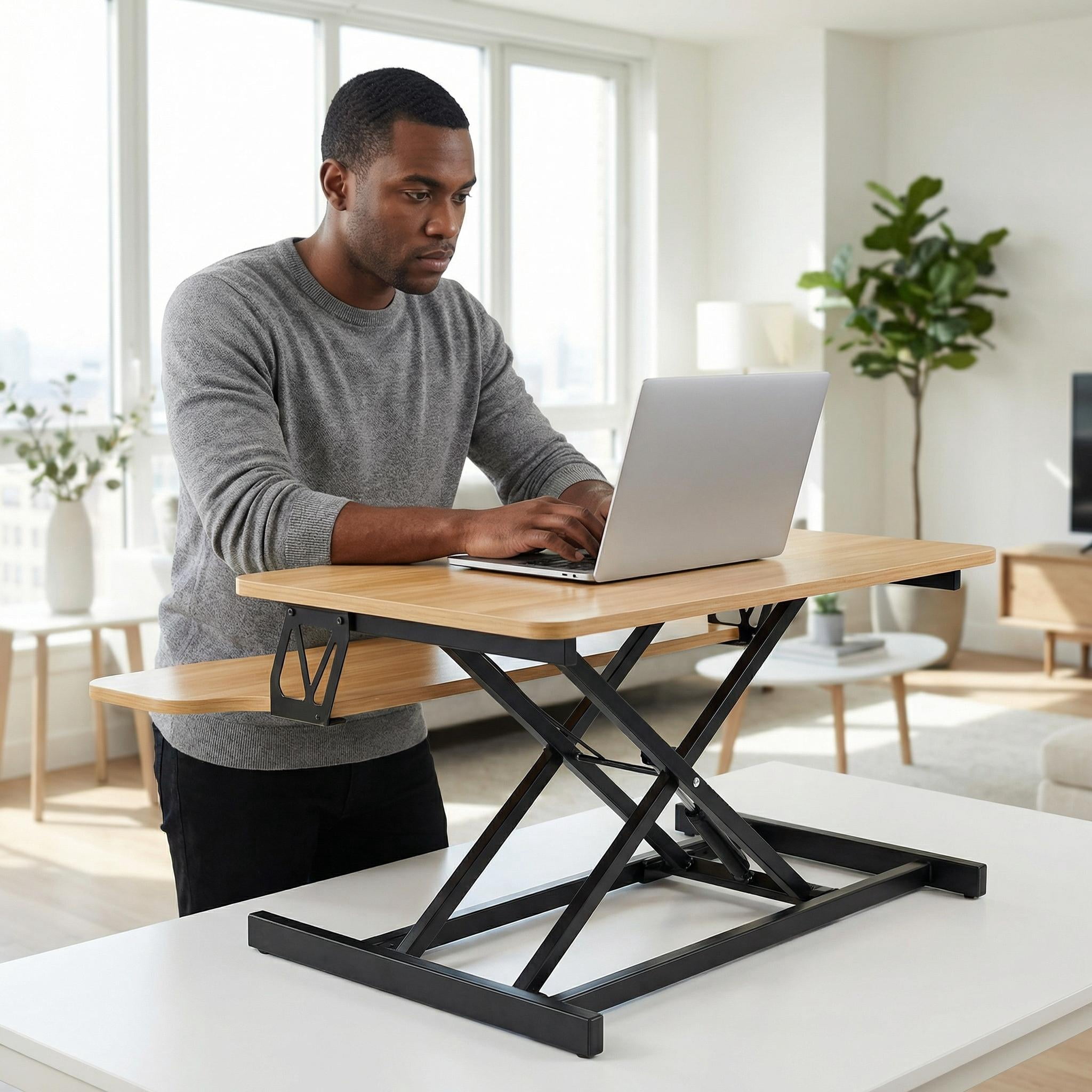 Height Adjustable Standing Desk Converter – 31.5" Wide Desk Riser with Spacious Work Surface, Ergonomic Sit-Stand Workstation for Monitor & Laptop, Natural