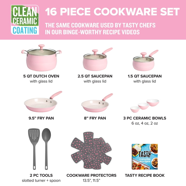 Tasty, Ceramic Cookware Set, 16 Piece, Pink with Non-Stick