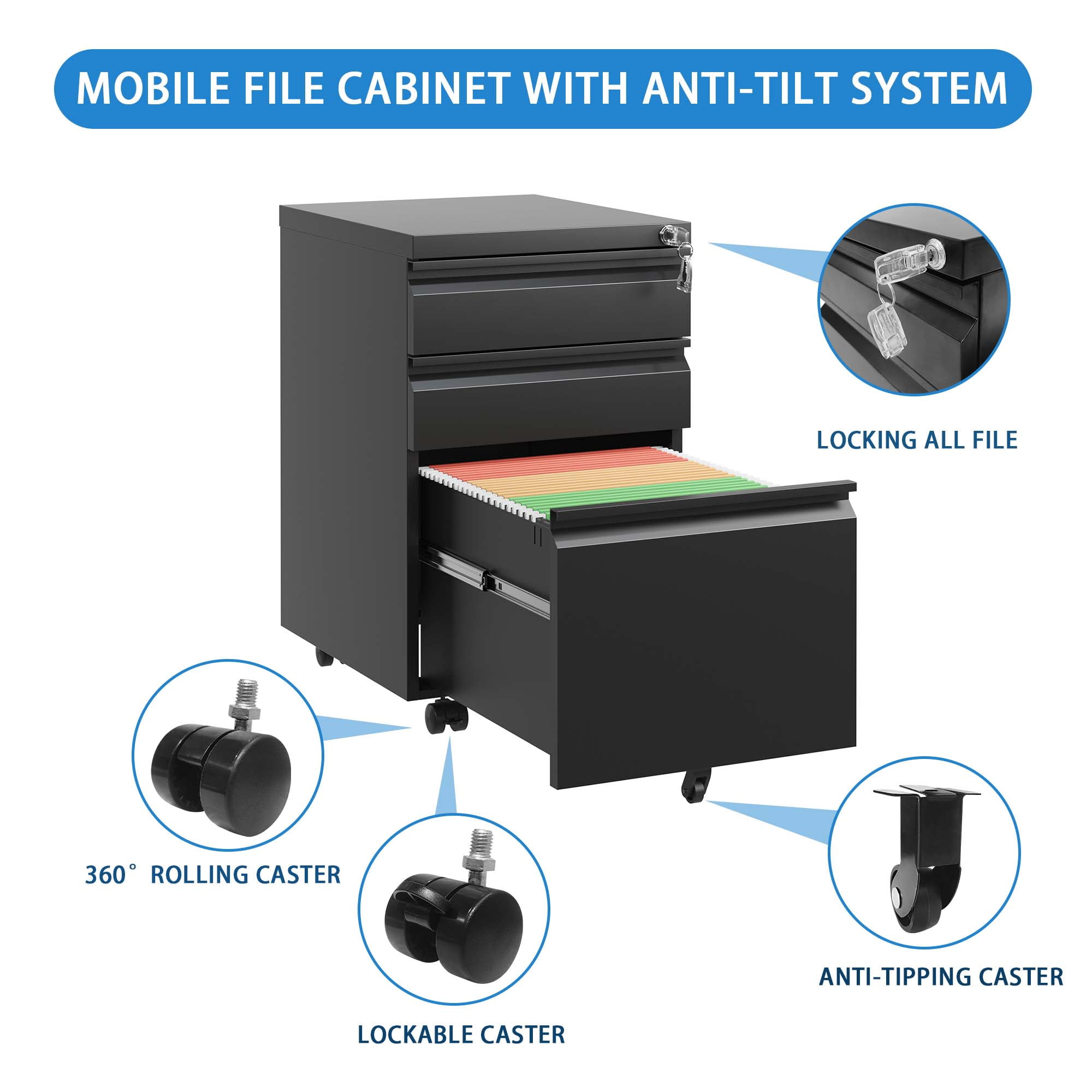 3 Drawer Mobile File Cabinet with Lock, Metal Filing Cabinets for Home Office Organizer Letters/Legal/A4, Fully Assembled Except Wheels, Black