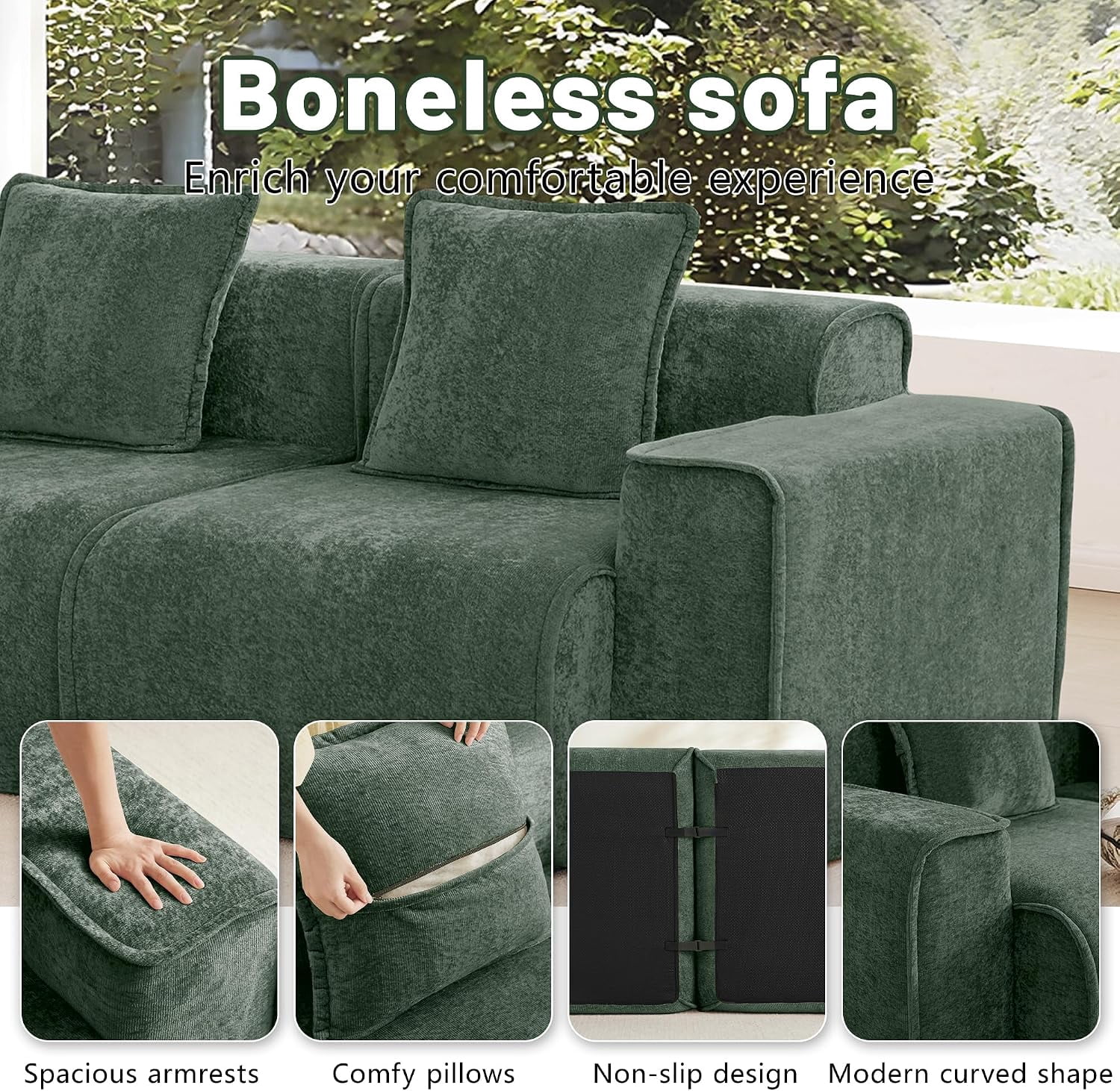 109" 3-Seat Modular U-Shaped Sectional Sofa, Green Velvet with 1 Movable Ottomans & Throw Pillows, No Assembly Required