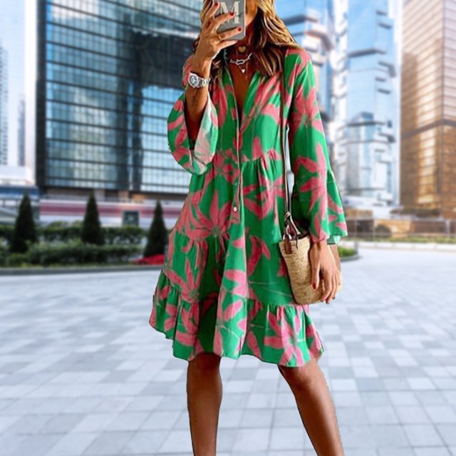 Vestido De Mujer Vestido de verano para mujer, con cuello en V, manga acampanada, floral, línea A, para fiesta (verde XS) Kuymtek para Mujer Verde T M