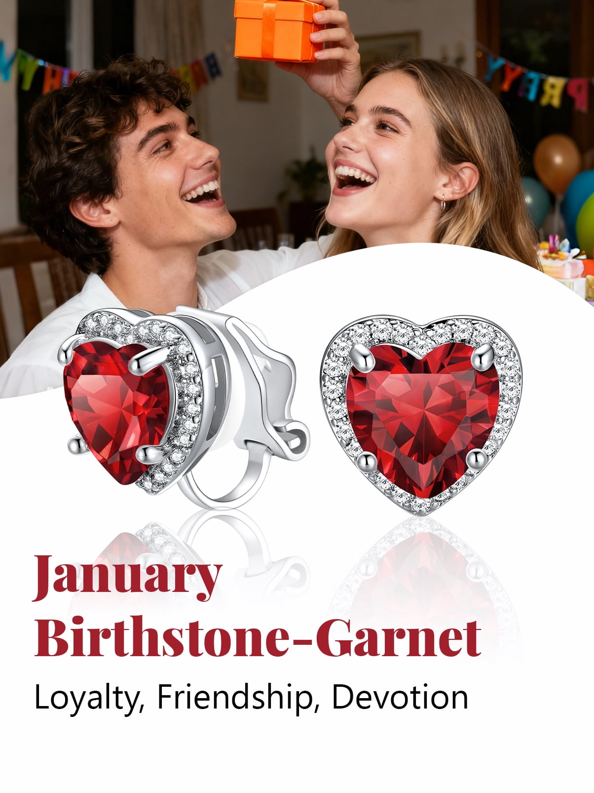 Silvora Clip on Earrings for Women January Red Garnet Heart Birthstone Non Pierced Earring for Daughter Wife Dainty Birthday Christmas Valentines Jewelry Gift
