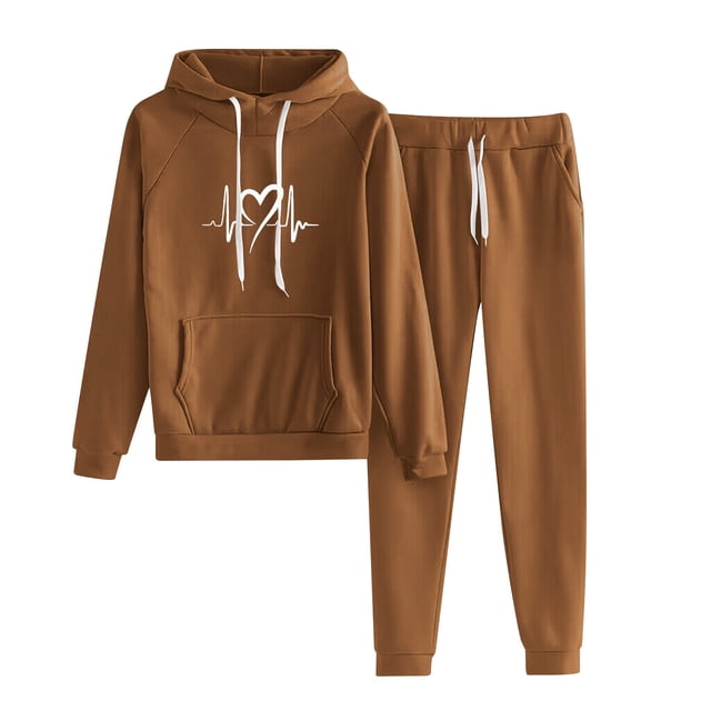 Besolor Womens Tracksuit 2 Piece Outfits Workout Sets Heart Printed Long Sleeve Hooded Sweatshirt Jogger Pant Matching Set