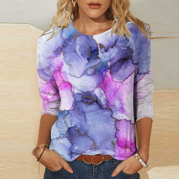 ICHUANYI Clearance Women's Fashion Easter Printed Loose T-shirt Mid-length 3/4 Sleeves Blouse Round Neck Casual Tops(Purple, XL) ICHUANYI WER2023081000853