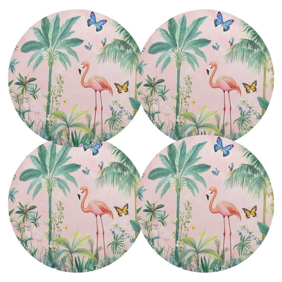 Ryvnso Tropical Flamingo Butterfly Round Plate Mats Dining Table Placemat Set of 4 for Holiday Decoration