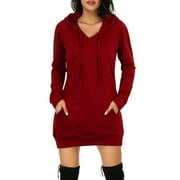 Women's Fashion Mid Length Threaded Hooded Sweater Dress Casual V Neck Pocket Long Sleeve Sweater Dress