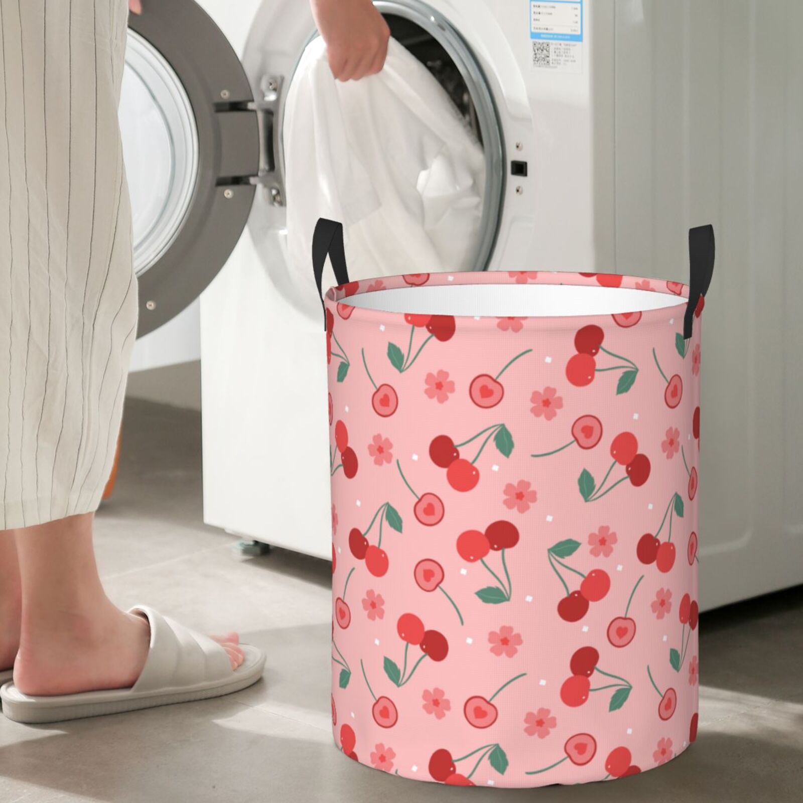Large Laundry Basket with Handles - Cute Red Love Berry Pink Flowers Kids Baby Dirty Clothes Laundry Hamper for Bedroom Aesthetic