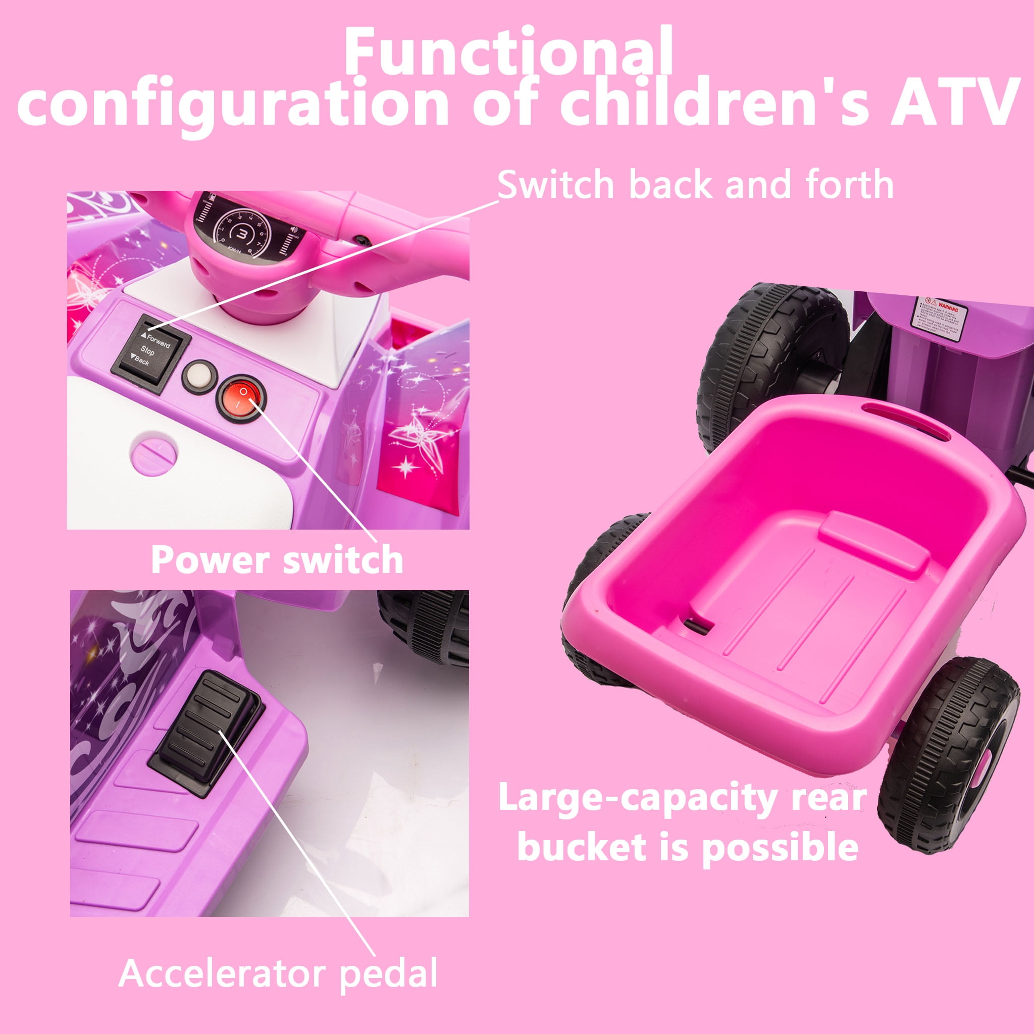 Juuar 6V Kids Ride on Car with Lights & Music, 4WD Electric Vehicles Toys Gifts with Rear Rack, Fun Ride on ATV for Girls Boys Age 3+, Pink