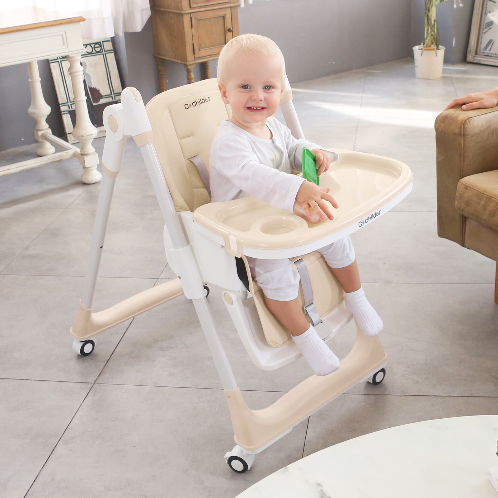 Cochildor Foldaway 3-in-1 High Chair for Babies & Toddlers, with 5 Point Harness, Tray, Foot Rest and Wheels, Beige