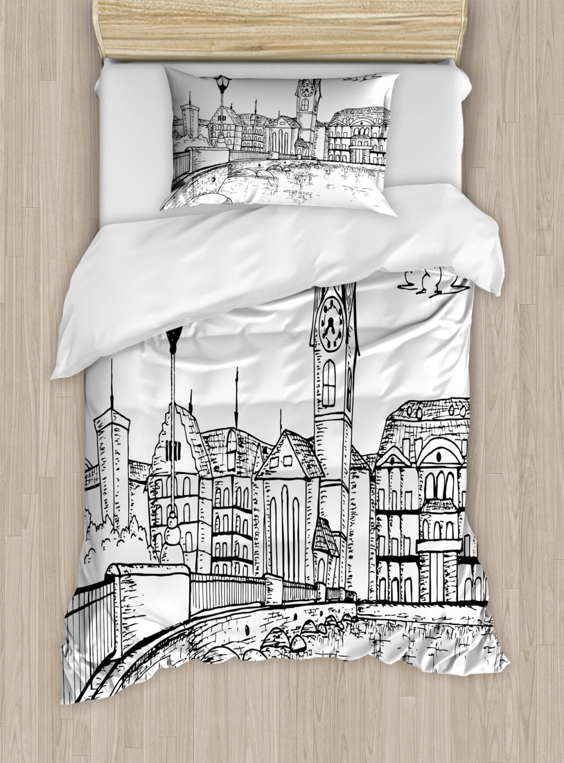 Switzerland Duvet Cover Set Twin Size, Sketch Style Zurich Town with