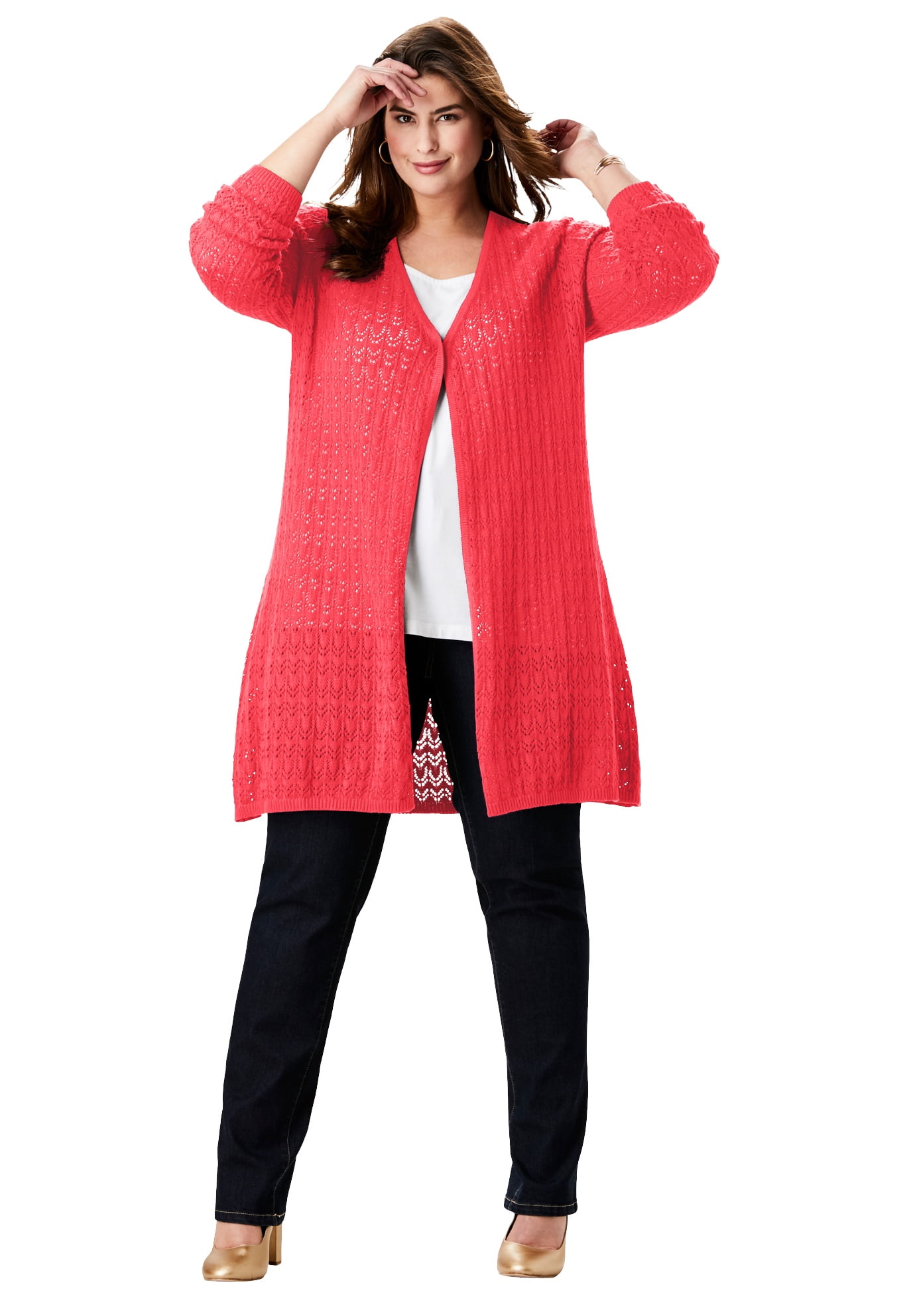 red pointelle cardigan