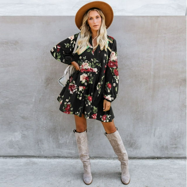 Adorable Robe avec Poches Entièrement Doublée Manches Cloche Ourlet V Cou Tunique Swing en Vrac Mini-Robe
