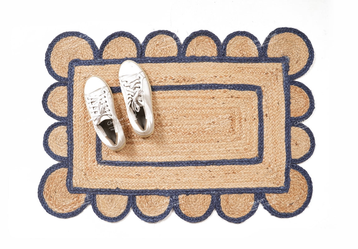 Rectangle Rug Natural Jute Rug Hand Braided Beige and Navy Blue Color Area Rug