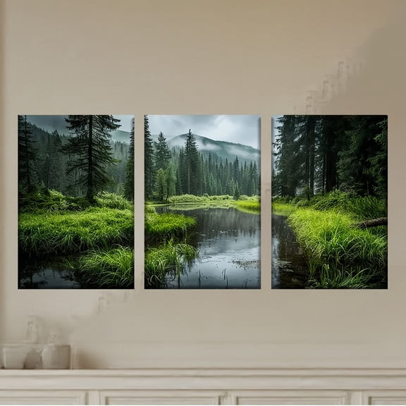 [JIT]3pcs/set, Canvas painting--Unframed, Summer forest and lake, Posters and prints, bar, office, perfect birthday, living room, cafe, abstract art, library, holiday gift, Easter egg, April Fools'