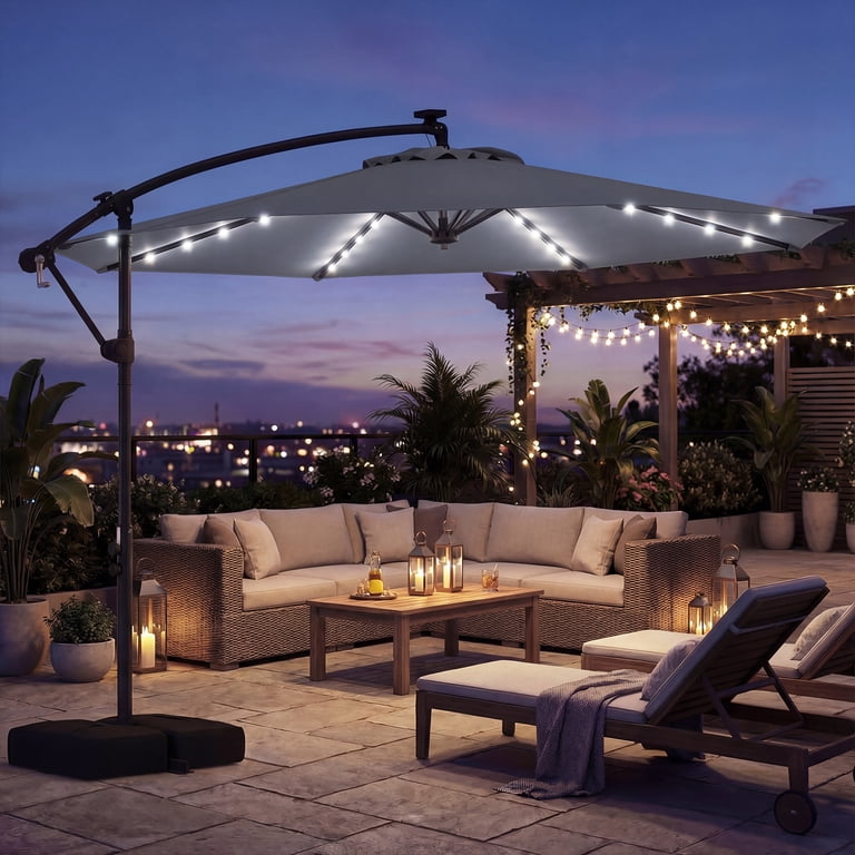 10 led patio offset umbrella Feet 360 Rotation Solar Powered without Weight Base-Gray Experience the finest in outdoor and patio shading with this 10 ft 10' x 10' Heavy Duty