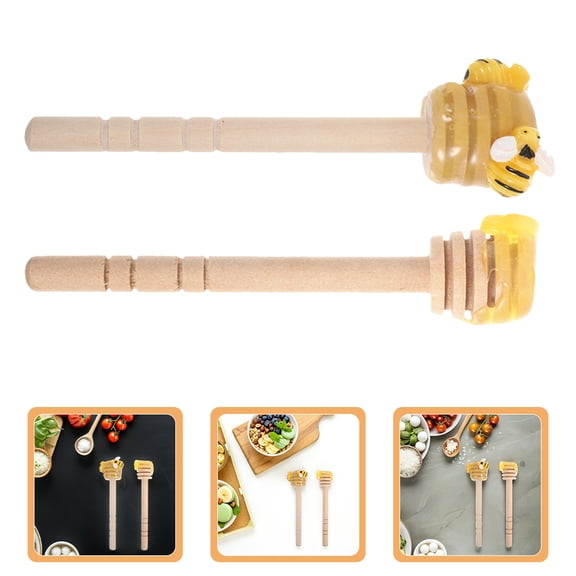 OULII Mini Bee Wood Dippers Honey Stirring Sticks Beige 2Pcs