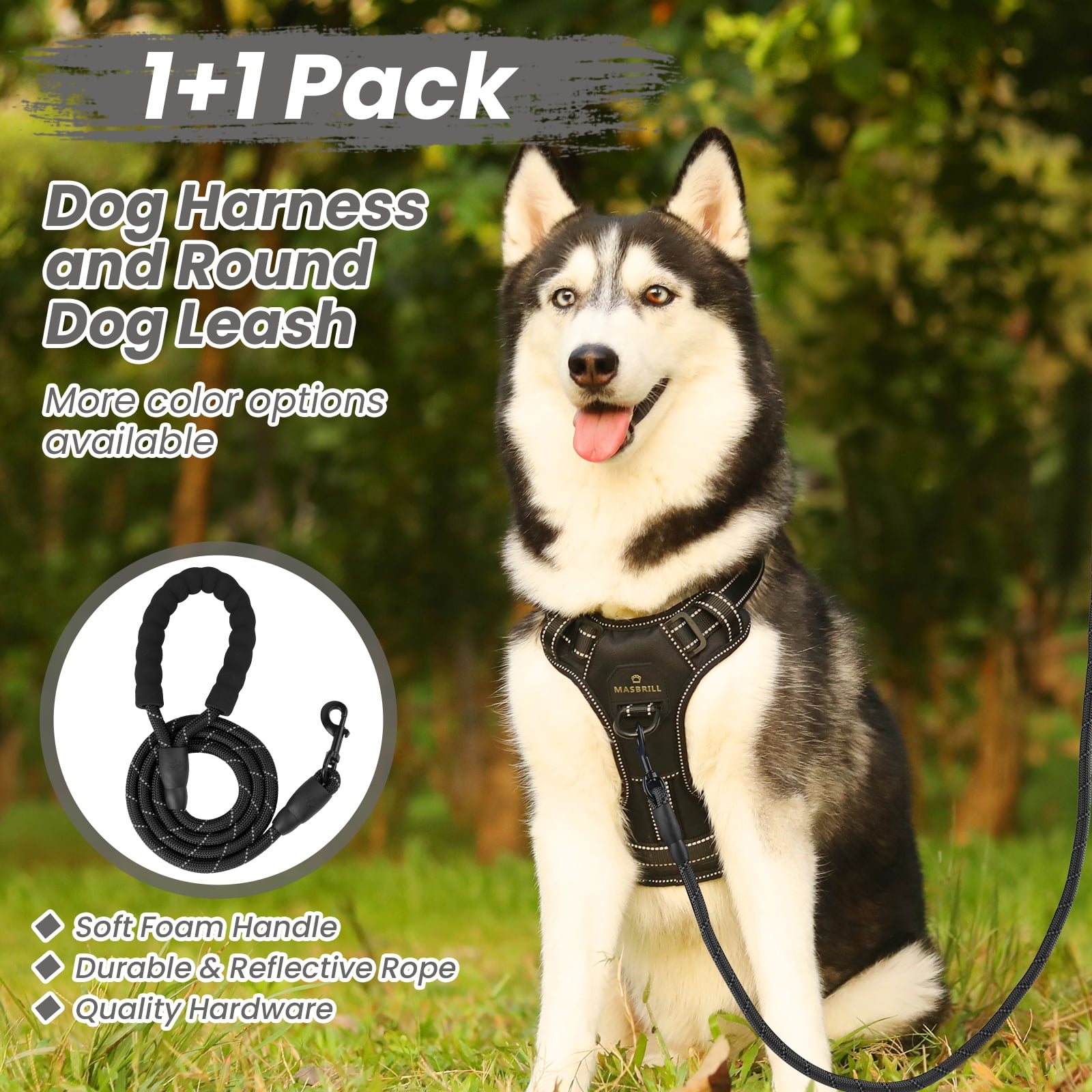 MASBRILL Dog Harness and Leash Set, No Pull Vest Harness, Reflective Adjustable Soft Padded Pet Harness with Handle for Small to Large Dogs