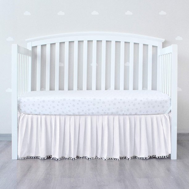 Biloban White Crib Skirt Pleated with Lovely Pompoms, Fit All Standard