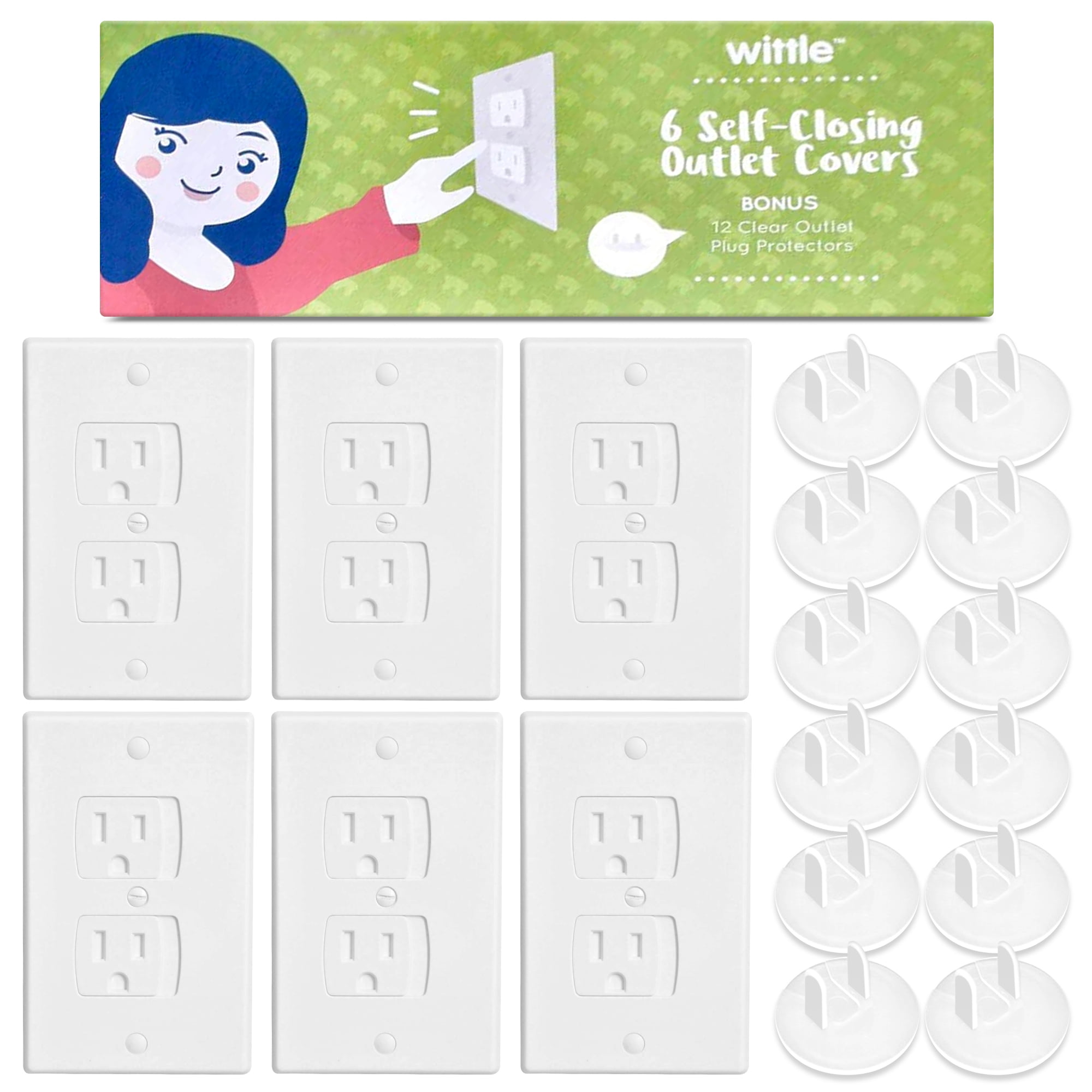 Wittle Self Closing Outlet Covers (White - 6 Pack) Plus Outlet Plug Covers (Clear - 12 Pack)