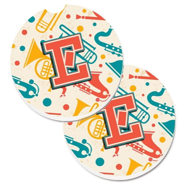 Carolines Treasures CJ2001-ECARC Lettre E Rétro Sarcelle Orange Instruments de Musique Initial Ensemble de 2 Tasse Titulaire Voiture Coaster