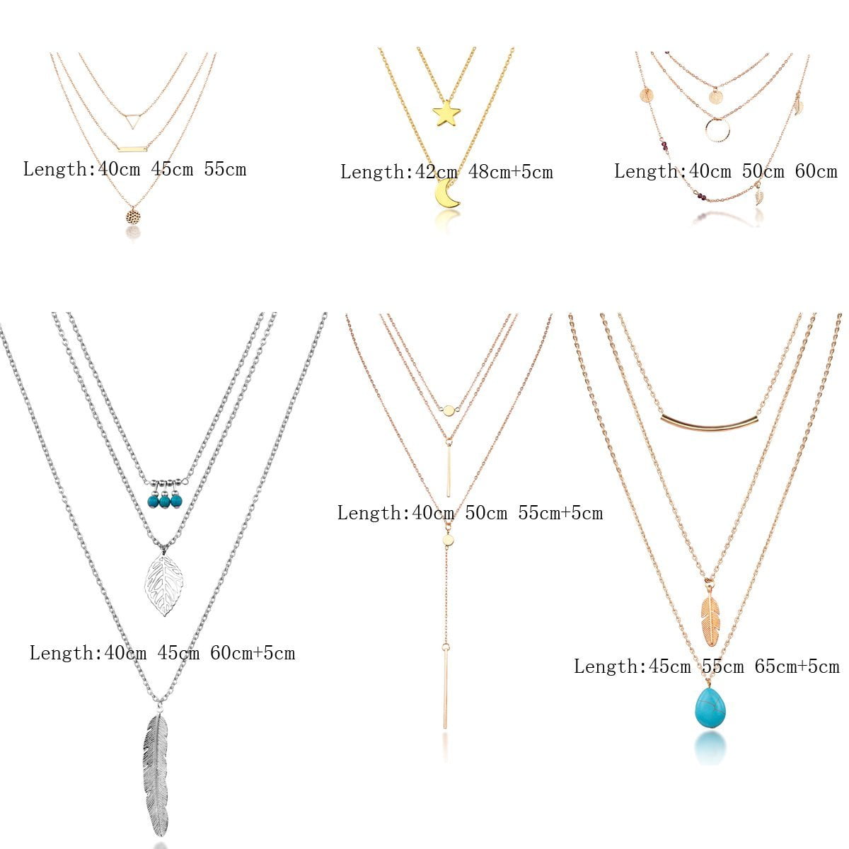 Layered Necklace Crystal Moon Star Turquoise Feather Diamond Olive Leaf Heartbeat Coin Ms Mother Jewelry Heart Necklace Gold Plated Stainless Steel Girl Lady Gift Female Fashion Exquisite Necklace