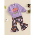thumbnail image 5 of Elippeo Toddler Girls Halloween Outfits 6 12 18 24 Months 3 4 5 Years Letter Print Long Sleeve Sweatshirt and Pumpkin Print Flare Pants Set 2 Piece Clothes, 5 of 9
