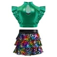 thumbnail image 2 of Doomiva Kids Girl's 2 Pcs Hip Hop Jazz Dance Outfits Sequin Metallic Crop Tops and Culottes Skirts Set Ballet Dancewear Green 12, 2 of 4