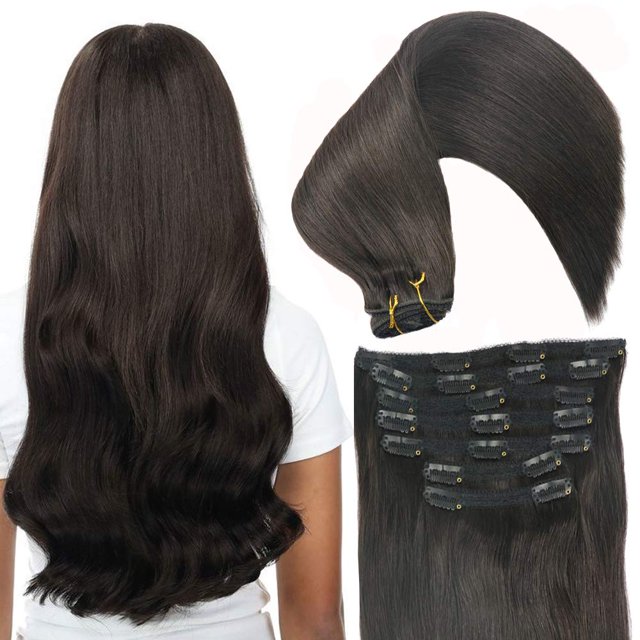 Eufficco Extensiones de cabello humano real con clip de encaje en extensiones de cabello con extremos gruesos, color negro apagado, 14 pulgadas, 3.53 oz, extensiones de cabello Remy, sedosas, suaves,