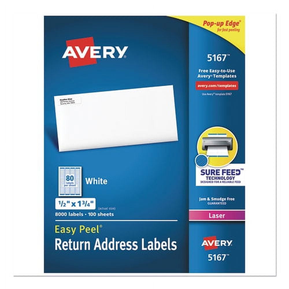 Easy Peel White Address Labels W/ Sure Feed Technology, Laser Printers, 0.5 X 1.75, White, 80/sheet, 100 Sheets/box | Bundle of 5 Boxes