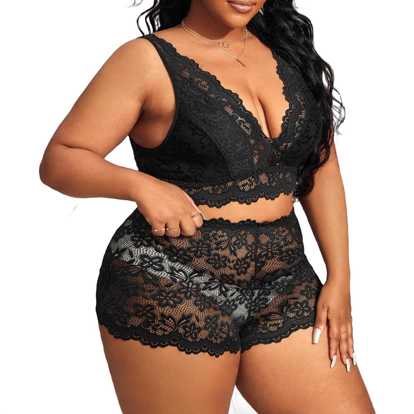 Sexy Black Plus Size Bra & Panty Sets (Women's) 