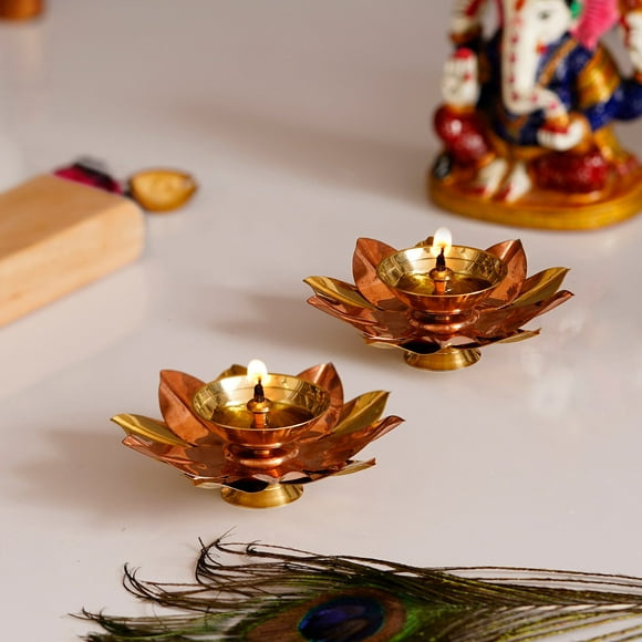 Handcrafted Lotus Floral Shape Golden Metal Diya Set Of 2 | Decorative Showpiece