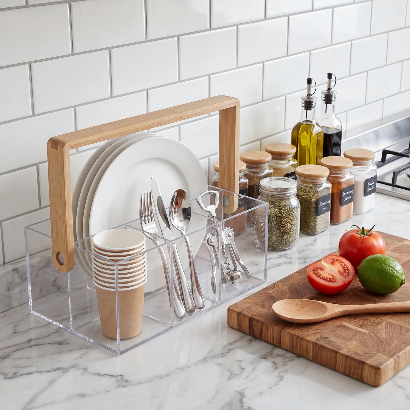 Clear Acrylic Utensil Organizer with Handle, 4 Compartment Cutlery Holder with Drain Holes, Portable Flatware Caddy for Kitchen Counter, Picnic, Party, Buffet, Bathroom Storage