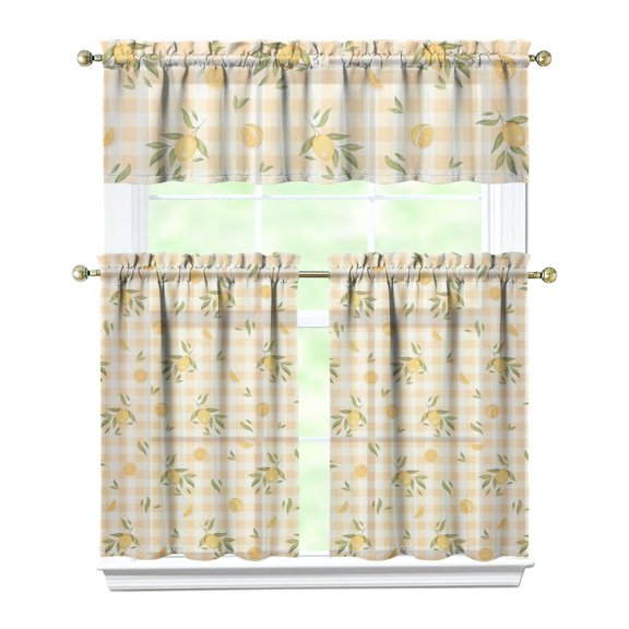 Kitchen Curtains 36 Inch Short - 3 Panel Set Lemon Print, Rod Pocket Window Curtains 100% Polyester, Cute Fruit Valance for Farmhouse, Cafe, Living Room, Bedroom, Easy Wash